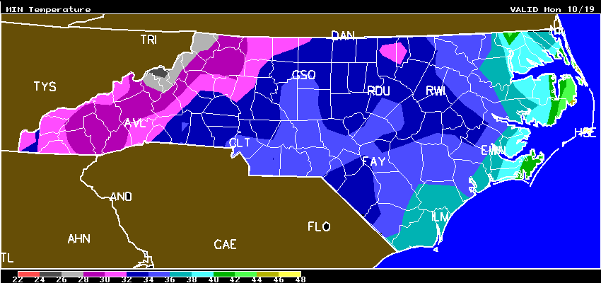 North Carolina Temperature Map Updated Minimum Temperature Map for NC (Sunday, Oct 18, 2015, 2 