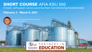 A feedmill with overlay text Short Course AFIA-KSU 500