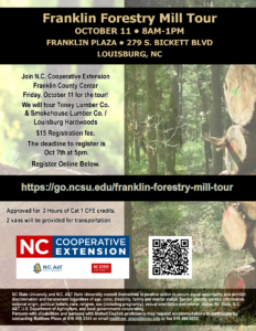 2024 Franklin Forestry Mill Tour flier with date, time, location registration info and a forest of cut trees background