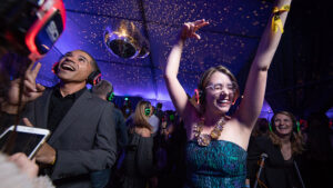 Employees enjoying a silent disco event.