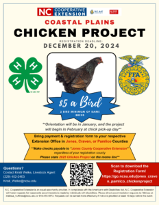 Coastal Plains Chicken Project 2025 - registration and payment due on december 20th, 2024 to nc cooperative extension jones county center at 367-a nc hwy 58 s, trenton nc. exact cash or check only. checks made payable to jones extension. questions can be directed to kristi welke at kristi_welke@ncsu.edu or 229-402-2403.