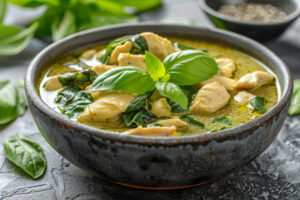 Delicious green curry with chicken and fresh basil leaves, professional photography, studio lighting, studio background, advertising photography, elegant, minimalist design, hyper realistic, isolated on white background